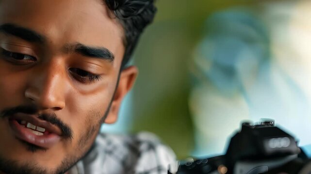 A young man attentively examines his camera, showcasing a focused expression and curiosity. The indoor setting highlights his dedication to photography and artistic passion.