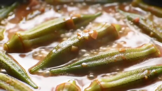 Cooking okra in a pan with sauce