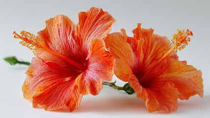 橙色のハイビスカス二輪が白背景で咲く構図