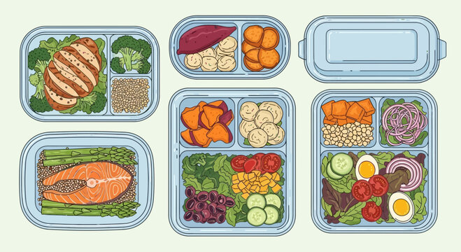 Collection of healthy meal prep containers with balanced nutrition and variety