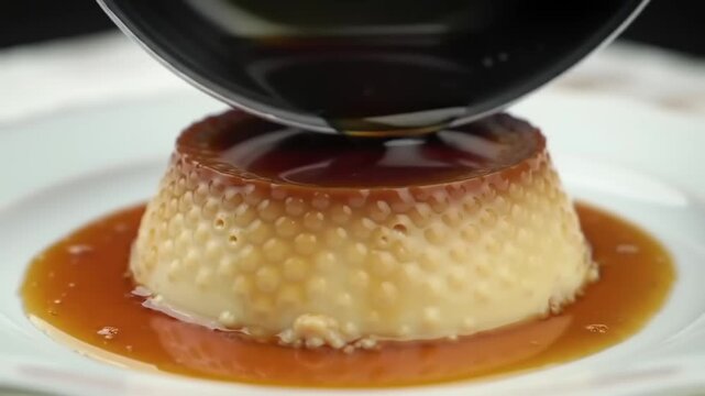 Creamy caramel custard being drizzled