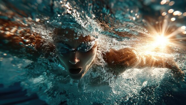 Underwater swimmer, powerful freestyle, pool, sunlight flare - Powered by Adobe
