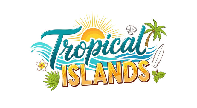 Tropical islands text with sun, waves, and palm tree