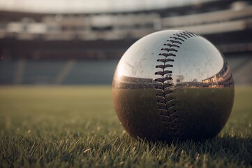 A baseball resting on green grass in a stadium with a blurred background during the daytime outdoors shot
