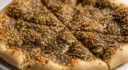 Obraz premium Close-up of Arabic flatbread topped with za'atar and olive oil, golden brown crust, soft inside