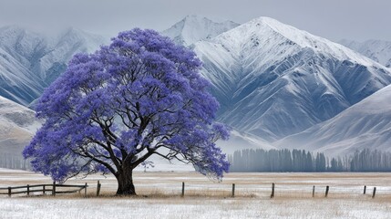 Solitary purple tree in snowy field, majestic mountains backdrop
