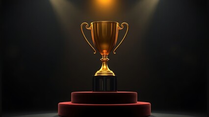 Golden trophy on a velvet podium under dramatic spotlight in an elegant setting.