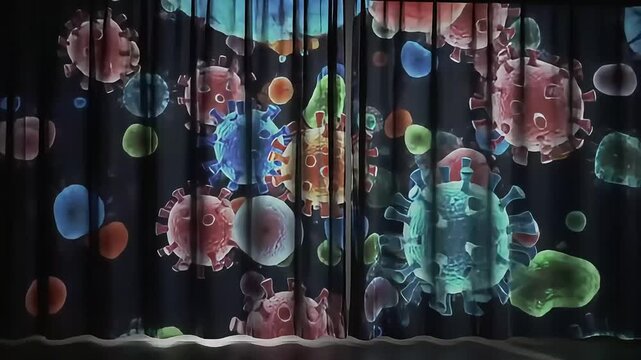 Silhouettes of People Interacting with Projected Microorganisms on a Curtain Representing Health and Science