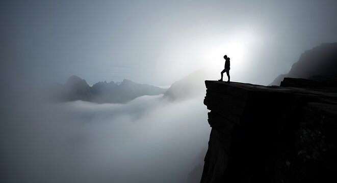 Silhouette of a lone figure standing on the edge of a cliff overlooking misty mountains and clouds inspiration concept for freedom achievement success and future - Powered by Adobe
