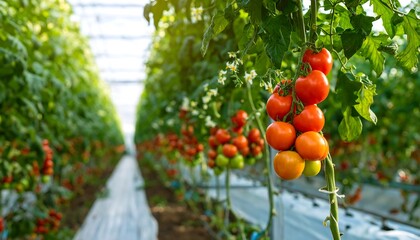 Ripe tomatoes hanging in a greenhouse
