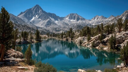 Obraz premium Serene alpine lake reflecting majestic snow-capped mountains under a clear blue sky