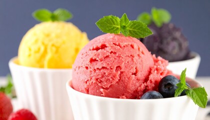 Gourmet homemade chocolate ice cream with a tasty brownie on a white plate