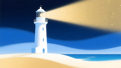 White lighthouse tower stands on the rocky coast under a blue sky, overlooking the vast ocean