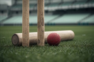 A close up of cricket wickets with a red ball and a bails on green grass in a stadium background