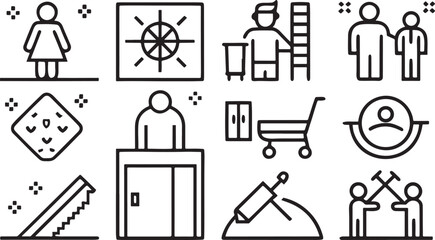 A vector illustration of a set of black silhouette people icons, a simple business pictogram