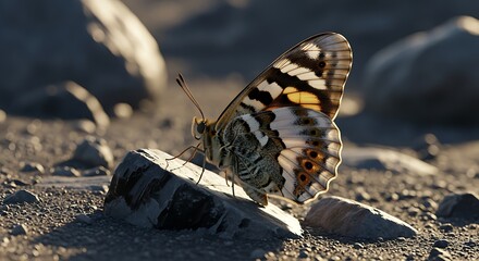 Obraz premium butterfly resting on rocky ground in sunlight