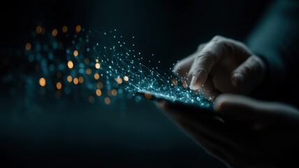 Smartphone with Blue Glowing Data Particles in Hand