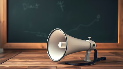 Close-up of a megaphone on wood with blackboard, symbolizing communication and ideas.