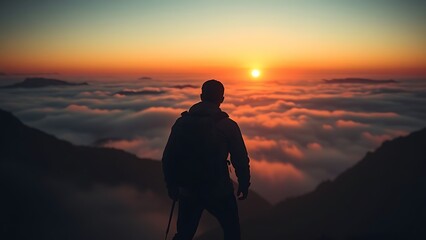 Silhouette of a mountain climber at sunrise, embodying adventure and the spirit of exploration.