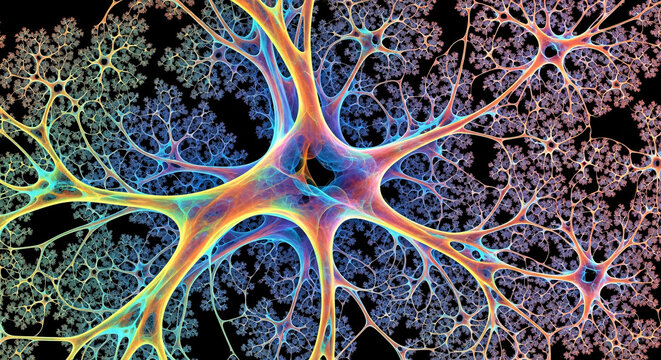 Psychedelic rainbowcolored neuron with intricate glowing dendrites forming a complex interconnected neural network.