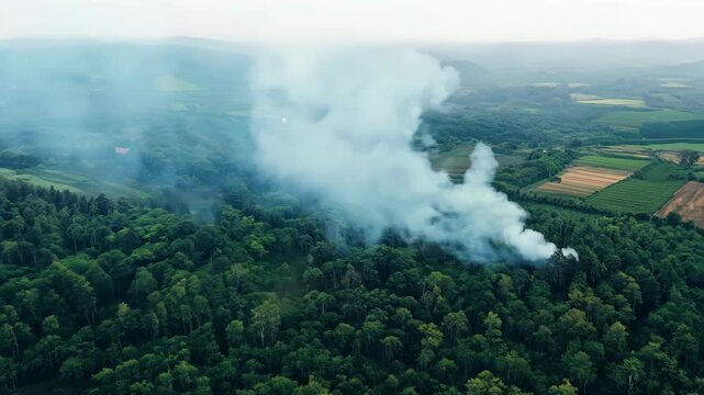 Aerial view of a lush green forest with smoke rising, creating a serene yet concerning landscape. Nature at dusk showcases beauty and vulnerability, urging preservation.
