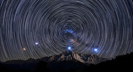Star Trails Over Mountain Peaks at Night.