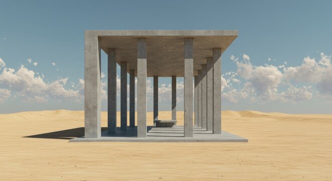 A stark, minimalist concrete structure, likely a pavilion, stands solitary in a vast desert. The rectangular design features evenly spaced columns supporting a flat roof