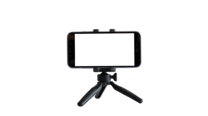 Smartphone mounted on a small black tripod with a blank screen isolated on transparent background