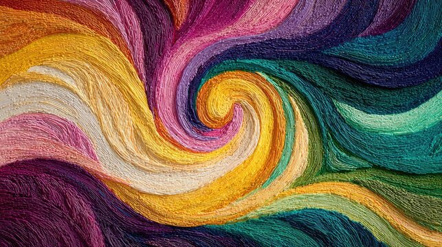 Swirling textile artwork in vibrant hues