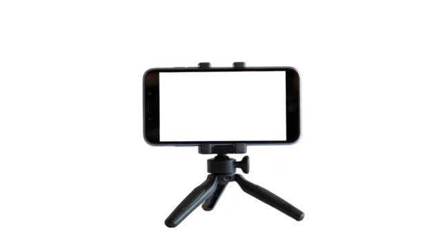 Smartphone mounted on a small black tripod with a blank screen isolated on transparent background