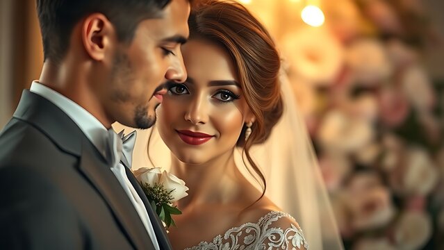 A bride and groom in elegant attire, capturing love and romance in a timeless moment.
