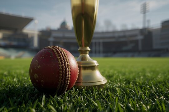 A close up of a cricket ball and a golden trophy on green grass with a stadium in the background view scene