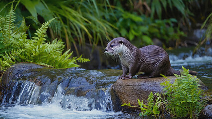 Asian small-clawed otter (Aonyx cinereus) in a lush illustration. Ai generated.