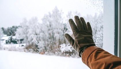 A hand in a glove reaching out to a snowy winter scene