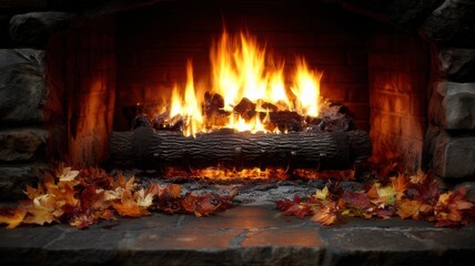 Obraz premium Roaring Fire in Brick Hearth Close-Up