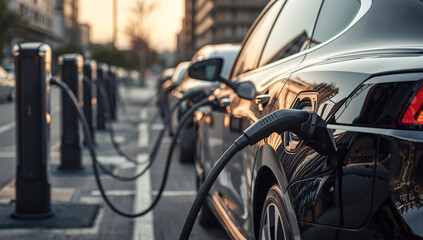 Fototapeta premium Row of Electric Cars Charging at EV Charging Stations in Modern City Street at Sunset