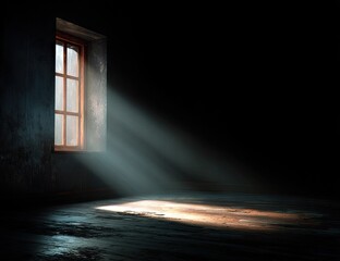 Light beams through a grimy window in a dark room