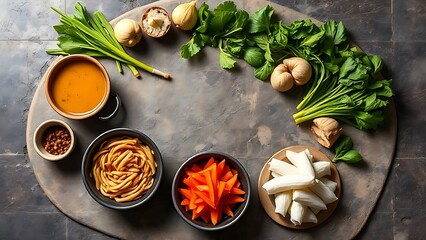 Fresh Asian ingredients arranged on a rustic stone surface, top-down view.