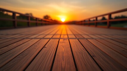 A wooden deck stretches toward the horizon, bathed in warm sunset light with a soft glow.