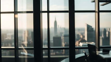 Naklejka premium Office window framing a softly blurred cityscape, filled with natural daylight and workplace ambiance.