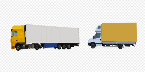 Truck semi van vehicles commercial mockup flat vector or delivery logistic trailer lorries side view 3d, industry freight ship vessel isolated set cartoon graphic, cargo cars for shipping clipart