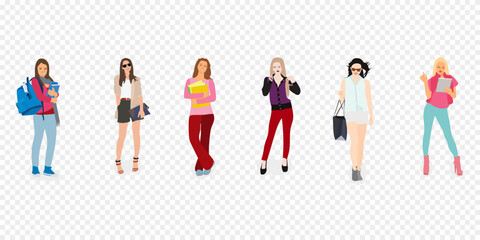 Fototapeta premium Multiethnic young people in casual clothes with and books. Asian, and students standing isolated vector illustration.