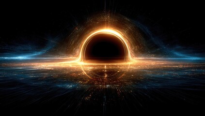 Glowing cosmic entity, possibly a black hole, dominates a dark, celestial landscape