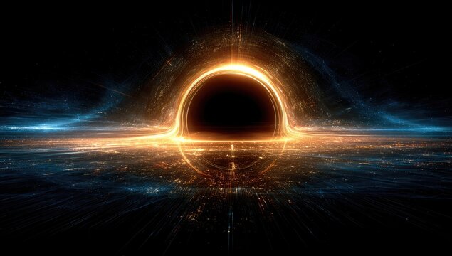 Glowing cosmic entity, possibly a black hole, dominates a dark, celestial landscape - Powered by Adobe