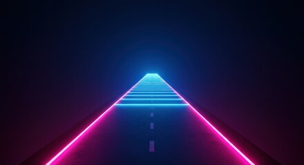Fototapeta premium A digitally rendered, perspective view of a neon-lit road. Pink and blue lines frame a path vanishing into darkness, with a bright, blue center