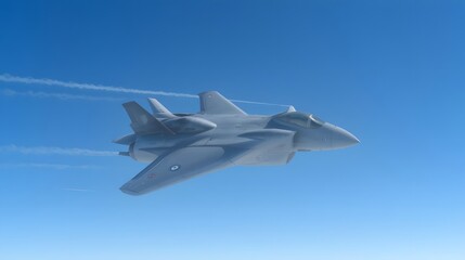 Modern fighter jet soaring in clear blue sky, powerful aviation concept perfect for commercial use