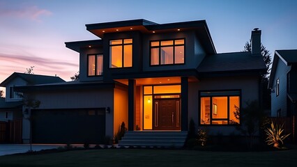 A contemporary home glows warmly at dusk, with lights shining through its windows.