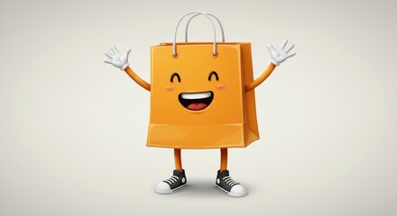 A cheerful, anthropomorphic shopping bag with a happy face and arms raised, wearing sneakers. Background is a soft, neutral tone