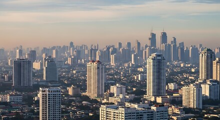 Fototapeta premium Expansive Urban Skyline at Dawn with Modern Skyscrapers and Hazy Atmosphere, Cityscape Panorama Revealing Dense Metropolitan Development