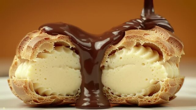 Creamy pastry being drizzled with chocolate